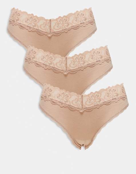 ASOS DESIGN – Minnie – Neutrala brazilian-trosor i bomull med midjeband i spets, 3-pack - view 1