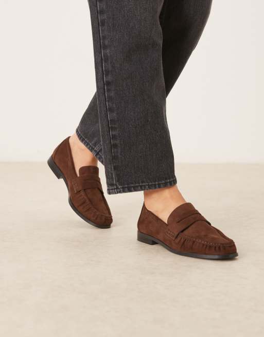 ASOS DESIGN Minnie ruched detail loafer in brown suedette