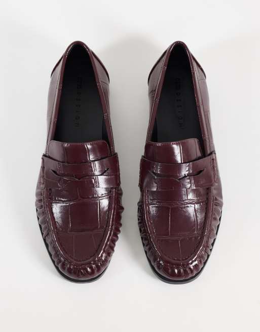 ASOS DESIGN Minnie ruched detail loafers in burgundy croc, 2 of 4