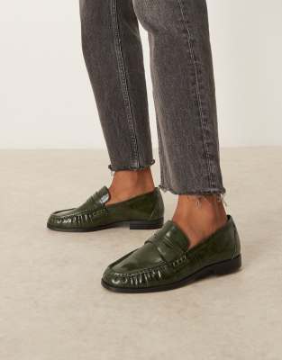 Asos Design Minnie Ruched Detail Loafers In Green