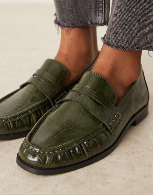 ASOS DESIGN Minnie ruched detail loafers in green croc