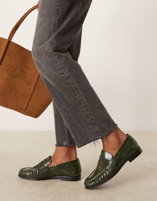 ASOS DESIGN Minnie ruched detail loafers in green croc