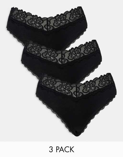 ASOS DESIGN – Minnie – Zestaw 3 par czarnych bawełnianych fig brazylijskich z koronką w talii