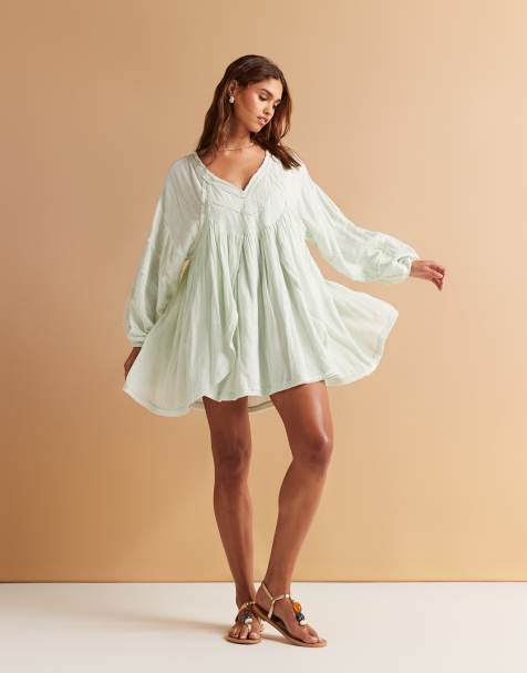 ASOS DESIGN - Mintgrøn smock-minikjole med dyb rund hals i vasket stof - view 1