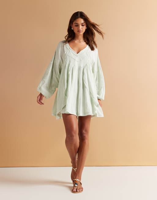 ASOS DESIGN - Mintgrøn smock-minikjole med dyb rund hals i vasket stof, 3 af 4