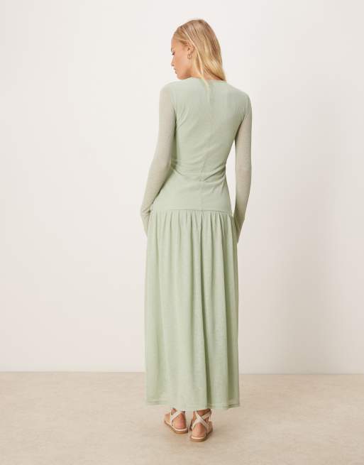ASOS DESIGN – Mintgrön, ribbad maxiklänning med långa ärmar, textur och rysch framtill, 3 av 4