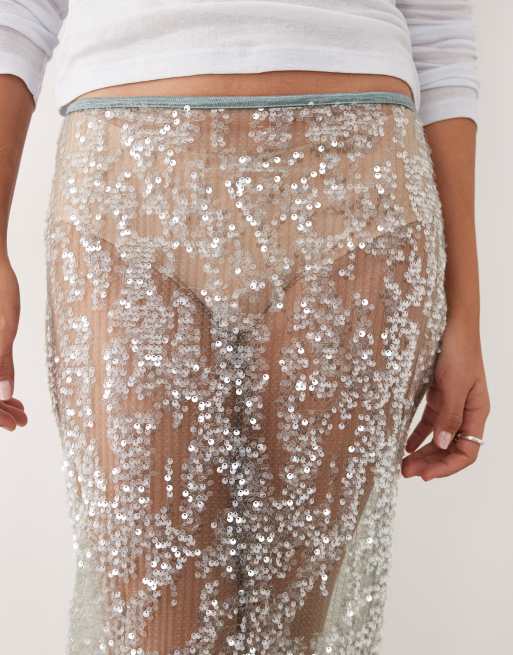 ASOS DESIGN – Mintgrön, skir maxikjol i mesh med paljetter, 3 av 5