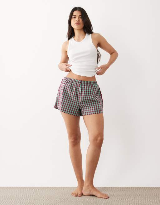 ASOS DESIGN – Mintgröna och vinröda, ginghamrutiga pyjamasshorts i boxerstil med spetskant, 2 av 5