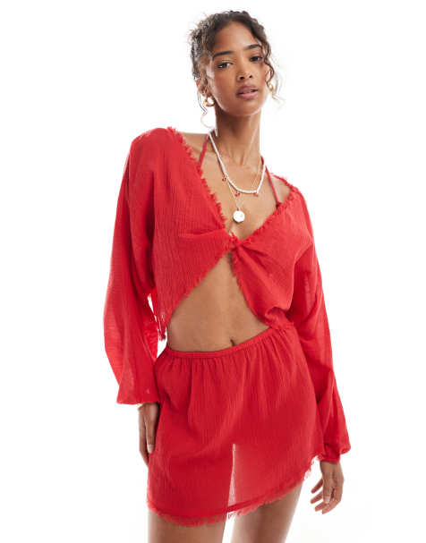 ASOS DESIGN Mira cotton crinkle twist front beach top in red - view 1
