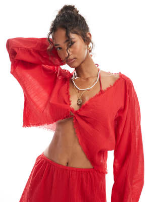 Asos Design Mira Cotton Crinkle Twist Front Beach Top