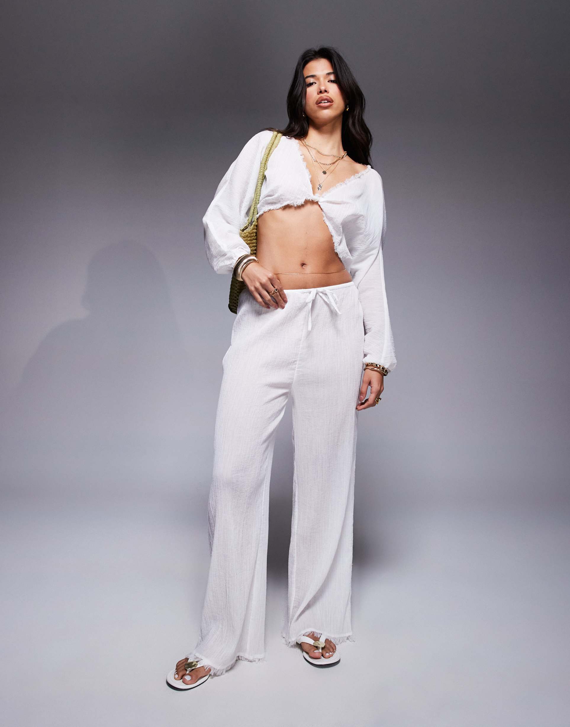 asos design mira cotton crinkle wide leg beach pants in white