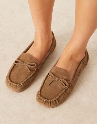Asos Design Mirth Suede Bow Detail Loafers In Neutral