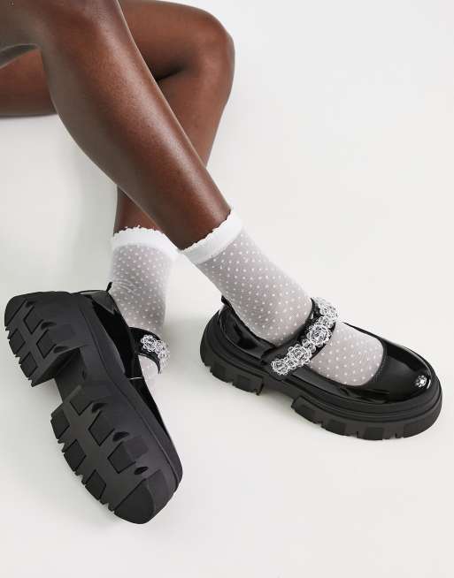 ASOS DESIGN – Mistify – Svarta lackade Mary Jane-skor med grov klack och blommig kant