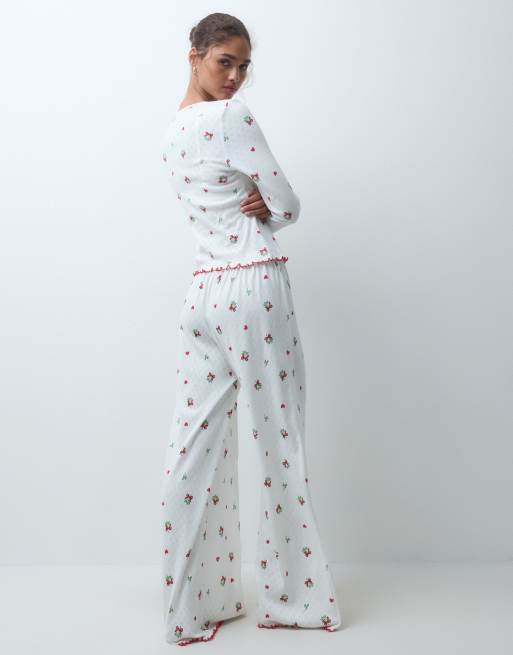 ASOS DESIGN mistletoe print pointelle long sleeve top & wide leg pant pyjama set in off white, 4 of 4