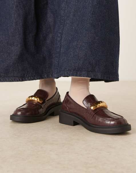 ASOS DESIGN Mistral trim detail loafers in brown croc - view 1