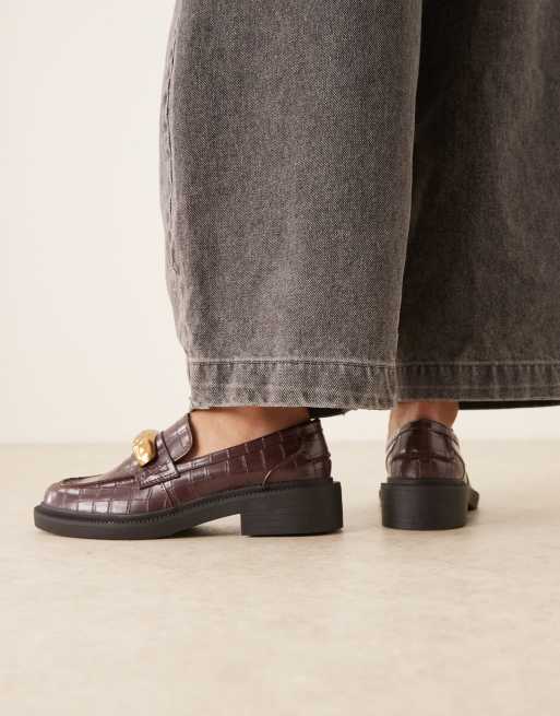 ASOS DESIGN Mistral trim detail loafers in brown croc, 3 of 4