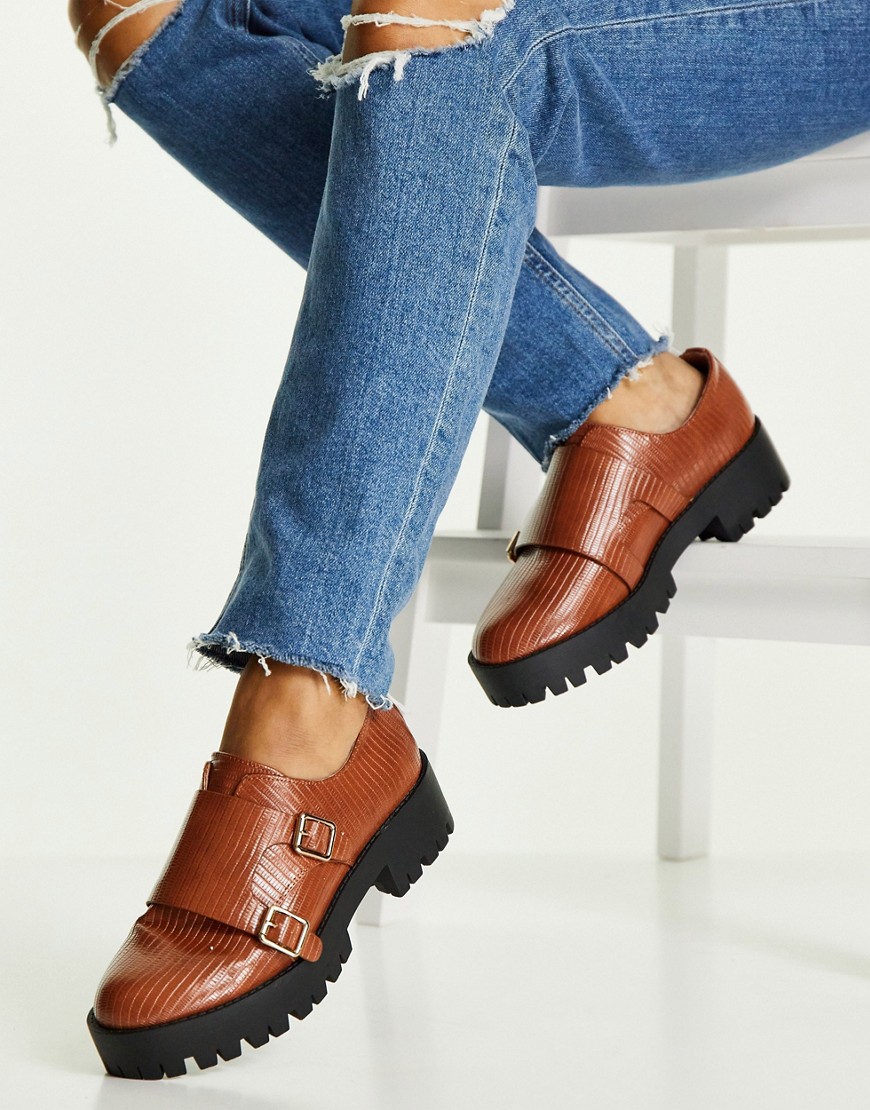 ASOS DESIGN Misty chunky monk shoes in tan lizard-Brown