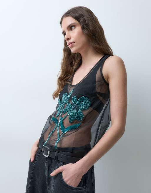 ASOS DESIGN mit Blumen verzierte transparente Camisole in Schwarz, 3 von 5