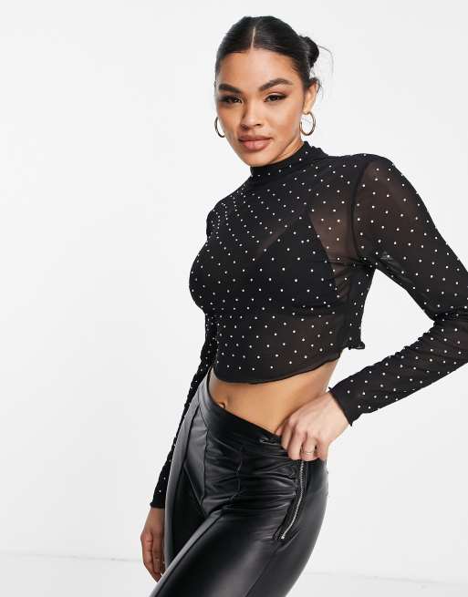 ASOS DESIGN – Mit Kristallsteinen verziertes, hochgeschlossenes Oberteil in Schwarz mit kurzem Schnitt