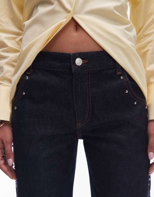 ASOS DESIGN – Mit Nieten besetzte Barrel Leg Jeans in Indigo mit niedrigem Bund, 5 von 5