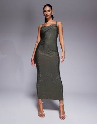 ASOS DESIGN - Mit Nieten besetztes Midikleid aus formendem Jersey in Grau mit umgeschlagener Schulterpartie