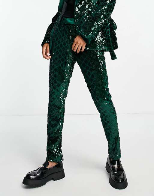 ASOS DESIGN – Mit Pailletten verzierte, enge Samt-Anzughose mit Rautenmuster in Grün