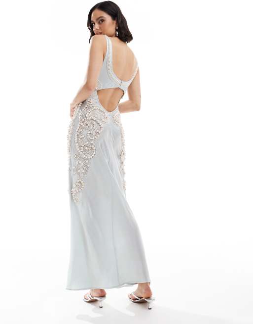 asos design pearl embellished satin maxi dress in ice blue – Mit Perlen verziertes Maxikleid Eisblau aus shoulder design