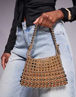 ASOS DESIGN - Mit Perlenkugeln besetzte Clutch in Gold mit verstellbarem Griff-Goldfarben