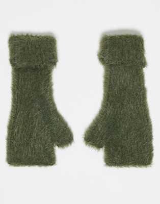ASOS DESIGN - Mitaines en maille frangée - Kaki-Vert
