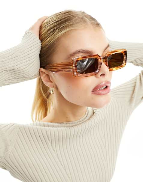 ASOS DESIGN – Mittelgroße, eckige Sonnenbrille in Braun mit polarisierten Gläsern - view 1