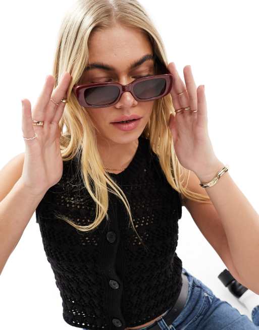 ASOS DESIGN – Mittelgroße eckige Sonnenbrille in Dunkelrot , 4 von 4