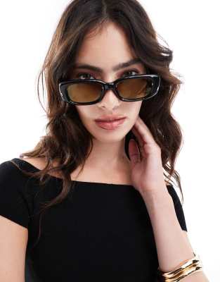 ASOS DESIGN - Mittelgroße eckige Sonnenbrille in Schwarz mit braunen Gläsern