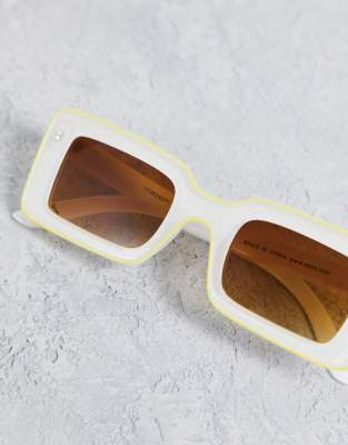 ASOS DESIGN – Mittelgroße, eckige Sonnenbrille in Weiß mit Umrandung