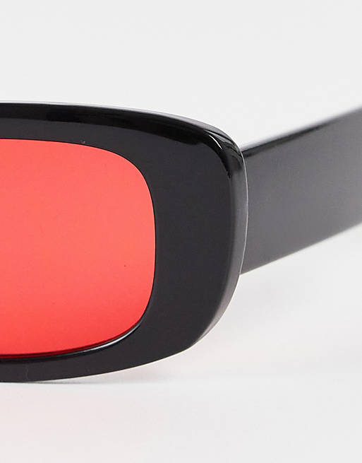 ASOS DESIGN – Mittelgroße, rechteckige Sonnenbrille in Schwarz mit roten  Gläsern | ASOS