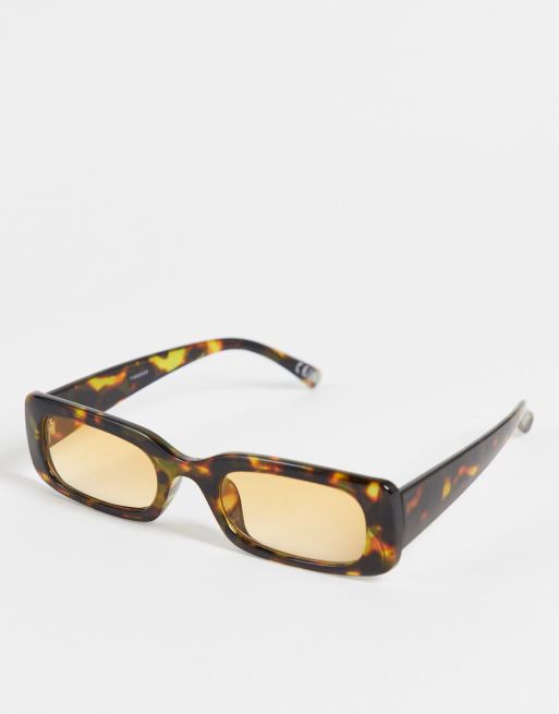 ASOS DESIGN – Mittelgroße Sonnenbrille in Schildpattoptik mit schmalem, eckigem Rahmen und orangefarbenen Gläsern