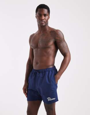 Mittellange Badeshorts in Marineblau mit Stickerei Marineblau M