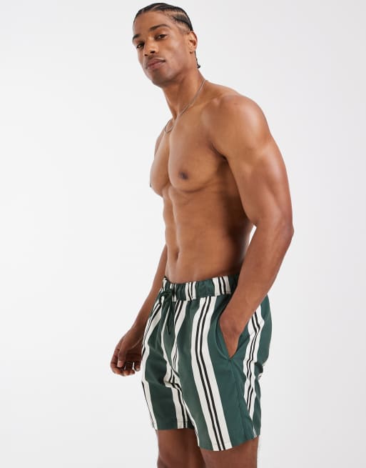 ASOS DESIGN – Mittellange Badeshorts mit grünem Streifen, 3 von 5