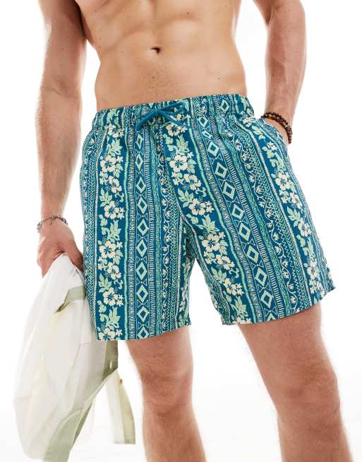 ASOS DESIGN – Mittellange Badeshorts mit tropischem Streifenprint