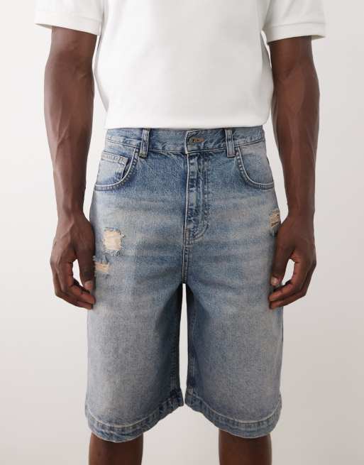 ASOS DESIGN – Mittellange Jorts in verwaschenem Blau mit Zierrissen, 2 von 5