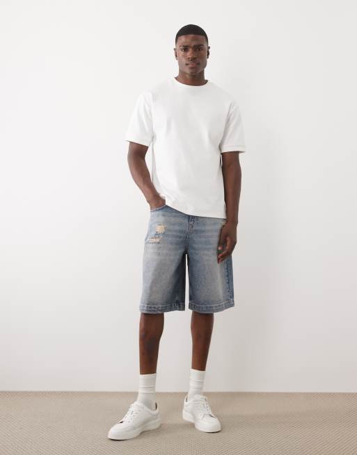 ASOS DESIGN – Mittellange Jorts in verwaschenem Blau mit Zierrissen, 3 von 5