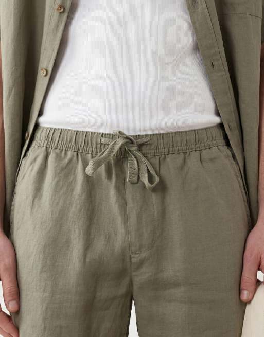 ASOS DESIGN – Mittellange, schmal geschnittene Shorts aus 100% Leinen in Khaki, Kombiteil, 5 von 5