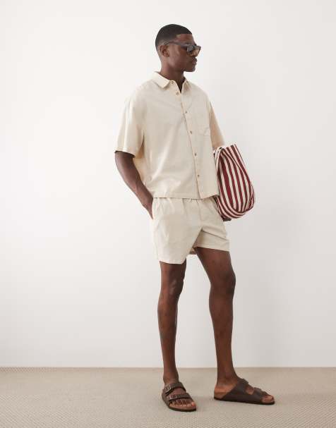 ASOS DESIGN – Mittellange Shorts in Natur mit Leinenanteil, Kombiteil - view 1