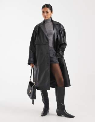 ASOS DESIGN - Mittellanger Trenchcoat aus Echtleder in Schwarz-Gelb