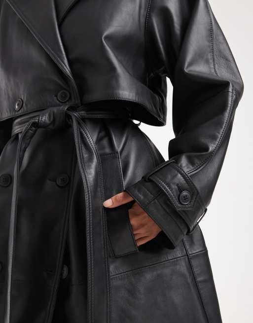 ASOS DESIGN – Mittellanger Trenchcoat aus Echtleder in Schwarz, 4 von 4