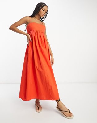 ASOS DESIGN - Mittellanges Babydoll-Sommerkleid aus Baumwolle in Rot mit plissierter Brustpartie