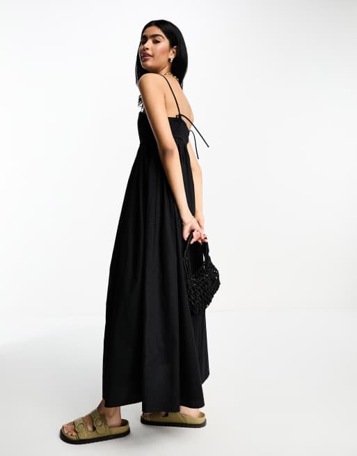 ASOS DESIGN – Mittellanges Babydoll-Sommerkleid aus Baumwolle in Schwarz mit plissierter Brustpartie, 3 von 4