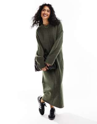 ASOS DESIGN - Mittellanges Oversize-Strickkleid in Khaki mit Rundhalsausschnitt und Ziernaht-Grün