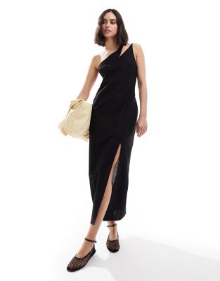 ASOS DESIGN - Mittellanges Sommerkleid aus Leinen in Schwarz mit geteiltem One-Shoulder-Träger und Schlitz