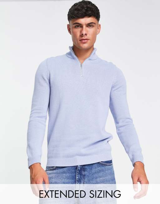 ASOS DESIGN – Mittelschwerer Baumwoll-Pullover in Hellblau mit kurzem Reißverschluss