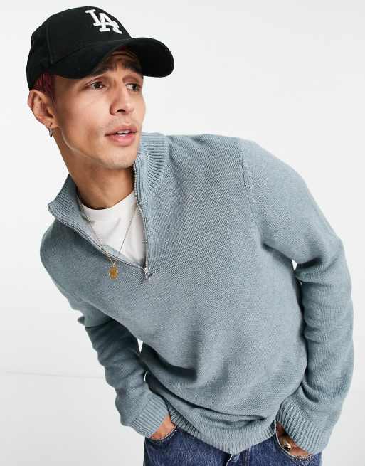 ASOS DESIGN – Mittelschwerer Pullover aus Baumwolle mit halblangem Reißverschluss in Hellblau